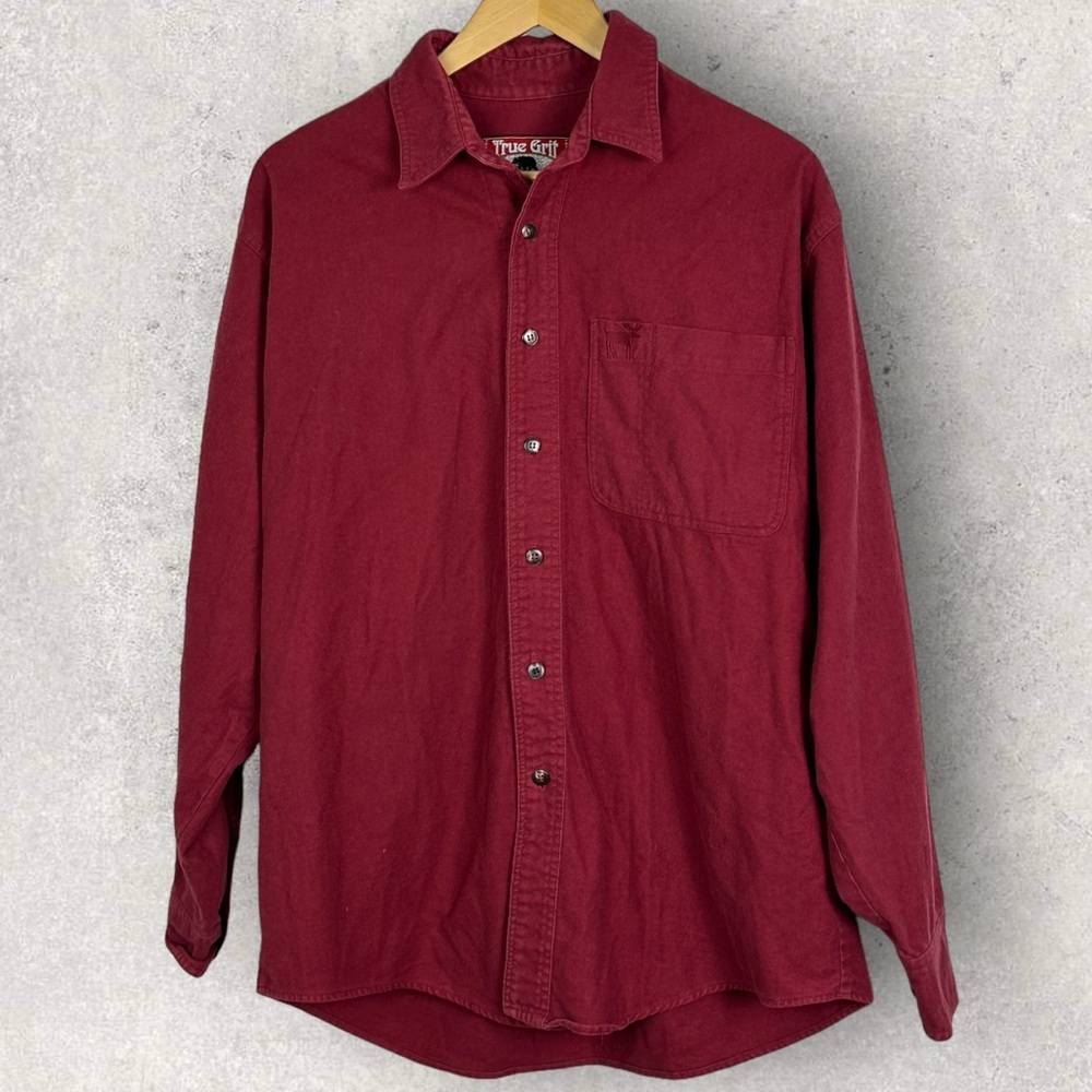 Vintage True Grit Red Long Sleeve Button Up Shirt Mens Size Medium USA Made Top